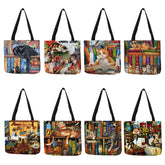 Customize Oil Painting Cat Print Womens Designer Tote Bags Linen