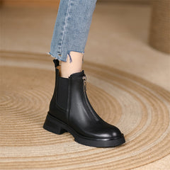 Women Genuine Leather Ankle Chelsea Boots Platform Thick Mid Heel