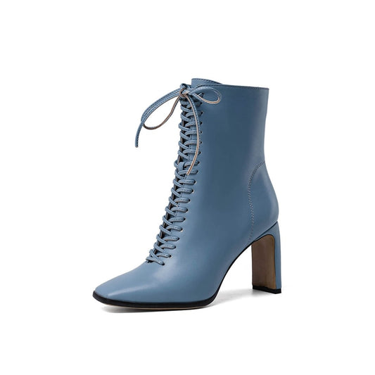 Women Leather Boots Fashion High Heels Shoes Winter Lace Up Women Martin