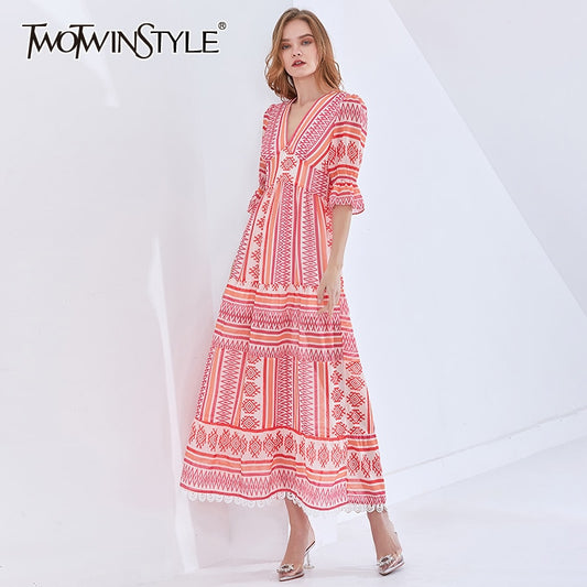 TWOTWINSTYLE Print Vintage Spring Dress For Women V Neck Half Sleeve
