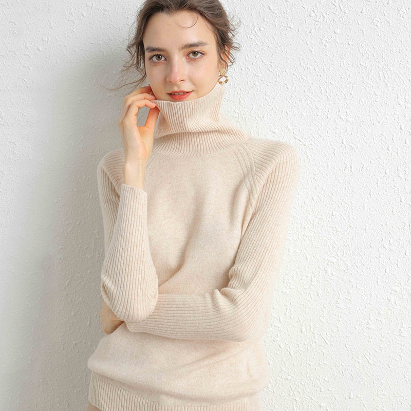 Women Turtleneck Merino Wool Cashmere Sweater Long Sleeves Autumn Winter Sweater