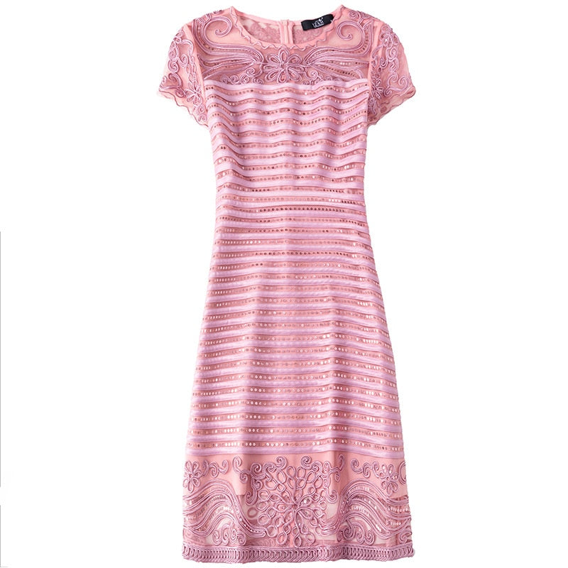 Exquisite sequined embroidered dress early autumn short sleeve stitching