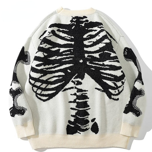 Men Oversized Sweater Black Loose Skeleton Bone Print Women