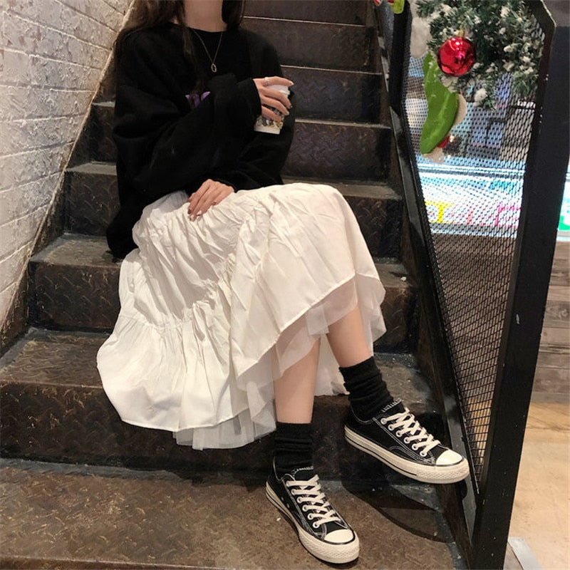 Long Tulle Midi Skirts Womens Autumn Elastic High Waist Mesh Tutu Pleated Skirts