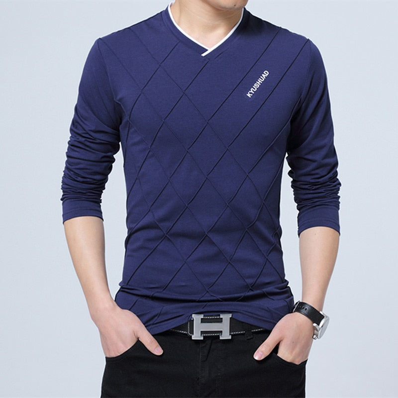Mens Casual T-shirt Fashion Slim Long Sleeve V Neck Fitness T-shirts