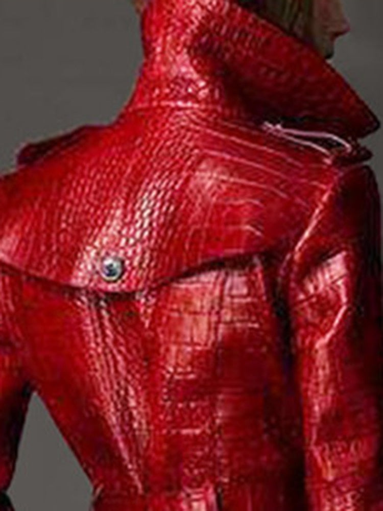Autumn Long Red Crocodile Print Leather Trench Coat for Women