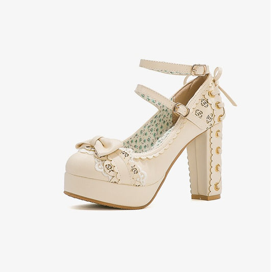Ladies 2.5 Platform Cute Bow Lace Princess Mary Jane Lolita Shoes Party