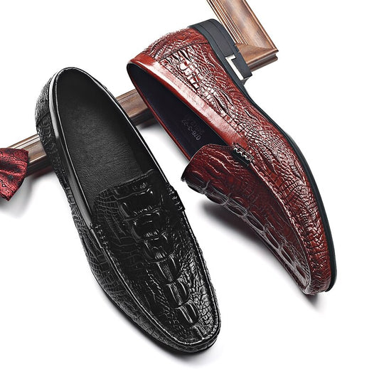 Phenkang Men Leather Alligator Texture Slip On Casual Shoes Male