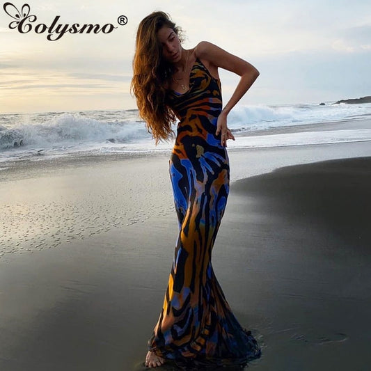Print Maxi Dress Women Low Cut Cowl Neck Back Lace Up