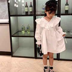 Spring Autumn Girls Dress Temperament Costumes Pure Color Stitching