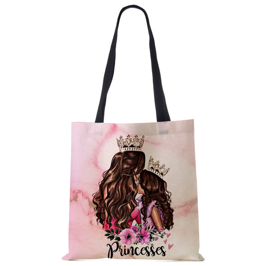 Cute Cartoon Super Mama Print Linen Tote Bag Reusable Shoulder Bags Mom