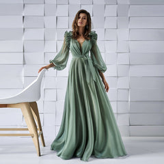 Evening wear Dresses: A Line Party Gown For Woman Long Sleeves Ruffles V Neck