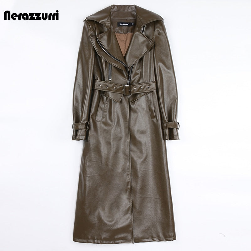 Spring Runway White Long Leather Trench Coat for Women