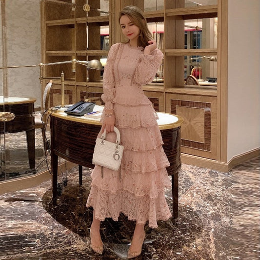 Vintage Spring Women Lace Embroidery Sweet Ruffles Layered Midi Long Dress