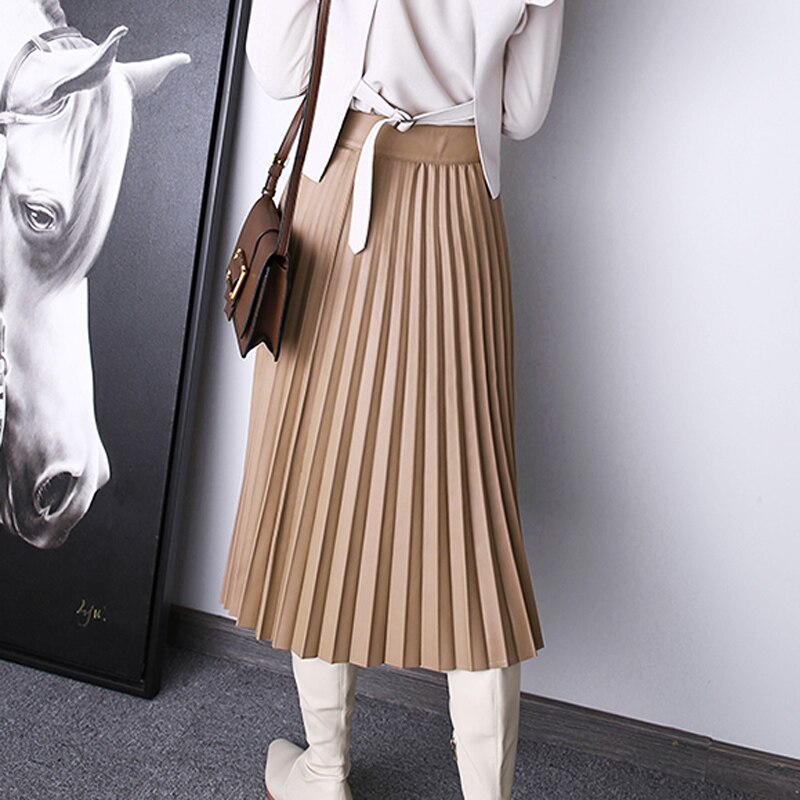 Pleated Long Skirt Women Natural Leather Pure Skin A-Line Buttons Maxi
