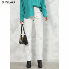 White Jeans Women Vintage Stretch High Waist Straight Wide Leg Denim