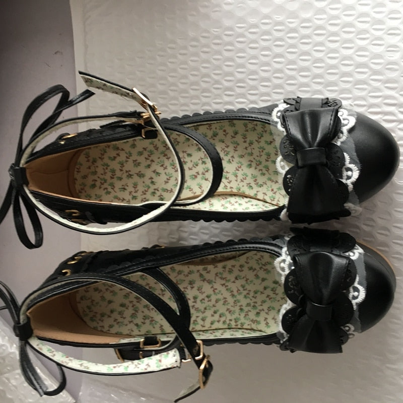 Ladies 2.5 Platform Cute Bow Lace Princess Mary Jane Lolita Shoes Party