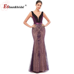 Evening wear Dresses: Black Velvet Mermaid Evening Night Dress for Women V Neck