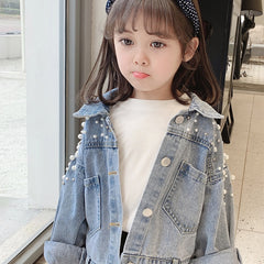 Pearls Beading Denim Jacket For Girls Fashion Coats Children Clothing Autumn