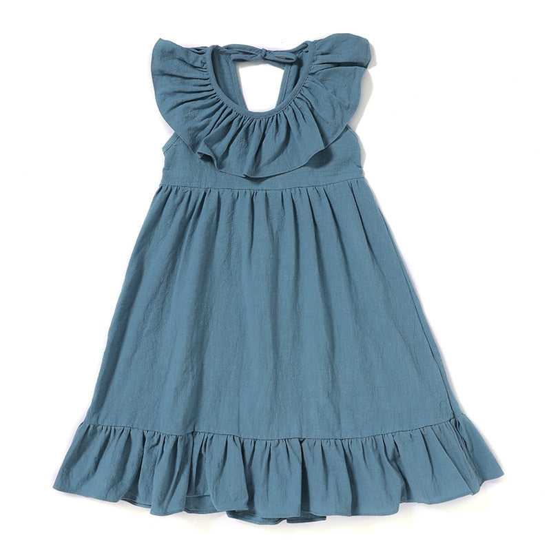 Girls Dress Summer Solid Color Cotton Linen Ruffles A-Line Princess Long Dresses
