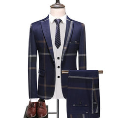 Tuxedo for Mens: Men's Wedding Plaid Blue Gray Blazers Jacket Pants Vest 3 Pcs Set