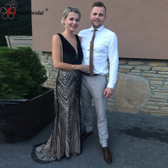 Evening wear Dresses: Black Velvet Mermaid Evening Night Dress for Women V Neck