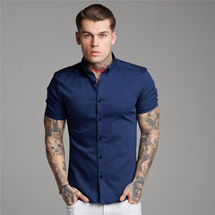 Summer Man Short Sleeve Shirt Solid Fitness Mens Stand