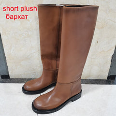 Women Genuine Leather Riding Boots Med Heel Round Toe Shoes