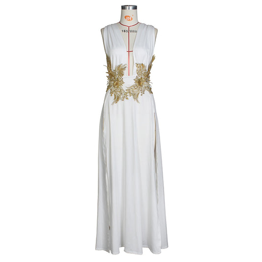 White Sparkly Sequined Splice Long Party Dress Women Deep V Neck Sleeveless