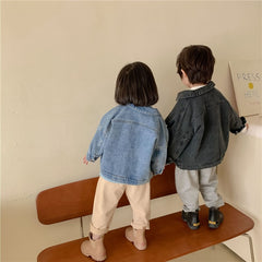 Spring Fall Boys and girls Casual All-match Denim Jackets Kids Turn-down