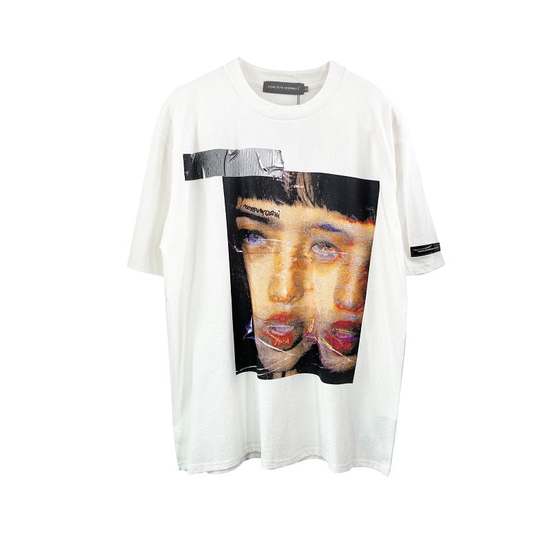 Distorted Portrait Printing Short-Sleeved T-shirt Hip-Hop