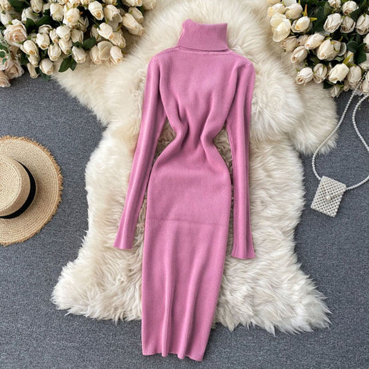 Sweater Dress Winter Turtleneck Warm Long Sleeve Knit Dress Korean