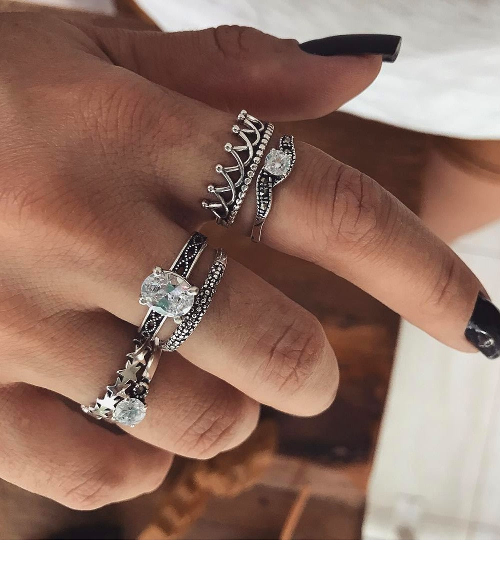 Vintage Boho Crystal Butterfly Rings Set For Women Zircon Leaves Stars