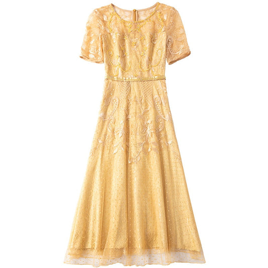 Early autumn round collar slim mesh yarn dress short sleeve high waist
