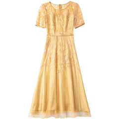 Early autumn round collar slim mesh yarn dress short sleeve high waist