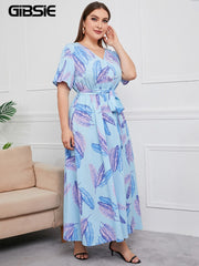 Plus Size V Neck Floral Print Boho Dress Women Summer Short Sleeve Maxi Dresses