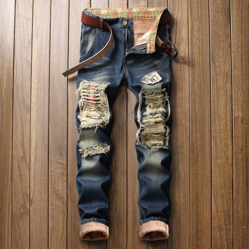 Winter Men Warm Fleece Jeans Retro Fashion Thicken Trousers