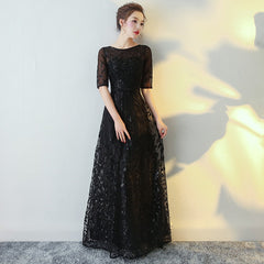 Evening wear Dresses: O Neck Half Sleeve Evening Dresses Long Tulle Appliques Elegant