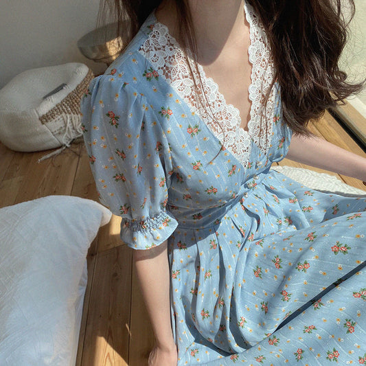 Vintage Floral Dress Women Elegant Lace Chiffon Korean Party Dress Puff Sleeve V Neck Midi Dress Fall Dresses for Women