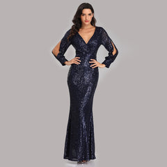 V-neck Mermaid Evening Dress Long Formal Prom Party Gown Full Sequins