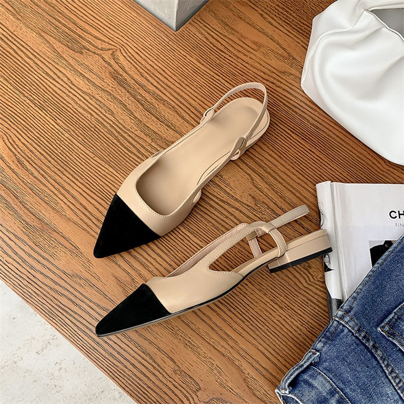 Genuine Leather Low Heel Slingbacks Shoes Women Shoes Pointed Toe