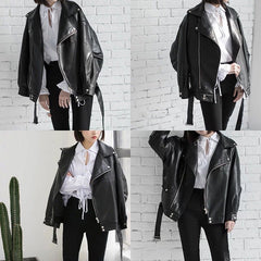 Spring Black PU Leather Loose Turn-down Collar
