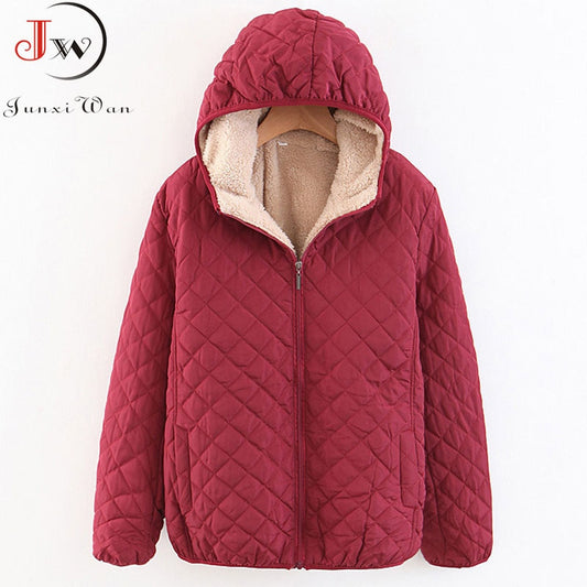 Women Autumn Winter Parkas Coat Jackets Female Lamb Hooded Plaid