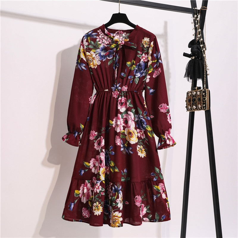 Floral Print Women Dress Female Autumn Long Sleeve Vintage Chiffon Bow Tie