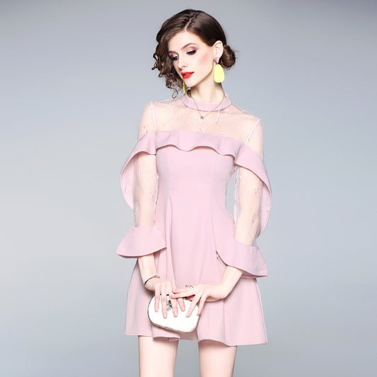 Spring and summer women's mesh splicing Ruffle Dress celebrity