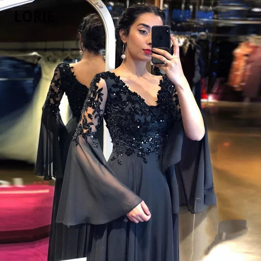 Evening wear Dresses: Flare Long Sleeve V-Neck Lace Appliques Sequins