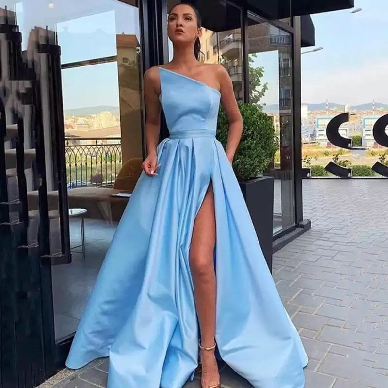 Homecoming Dresses: Long Prom Dresses with Pockets Side Slit Satin Formal