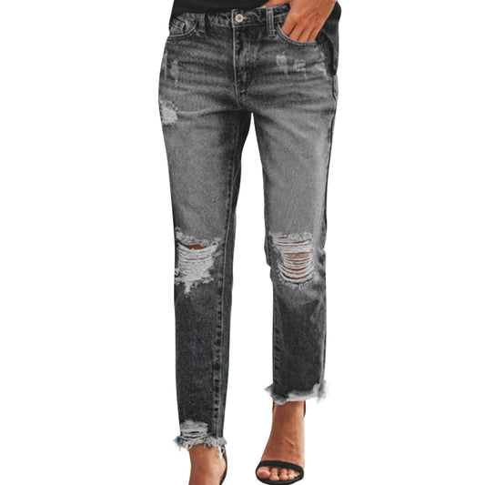 Women High Waist Jeans Ripped Holes Tassels Slimming Trousers Streetwear