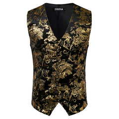 Mens Gold Metallic Paisley Printed Steampunk Vest Single Breasted V Neck