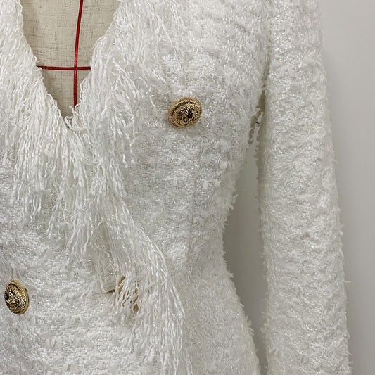 Designer Runway Women Long Sleeve Metal Lion Buttons Fringed Tweed Tassel Dress